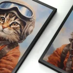 Gatto con casco da pilota e giacca in stile avventuriero, in un quadro decorativo.