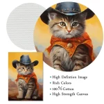 Gatto con cappello da cowboy e mantello arancione, sfondo paesaggio desertico, immagine ad alta definizione, colori vivaci, tessuto di cotone, tela resistente, decorazione originale.