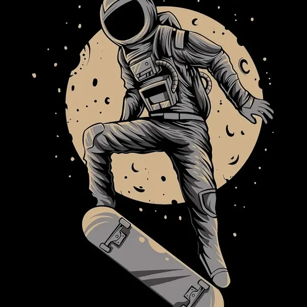 Astronauta in tuta spaziale che esegue uno skateboard nello spazio, con la luna sullo sfondo, rappresentando l'esplorazione e l'avventura scientifica.