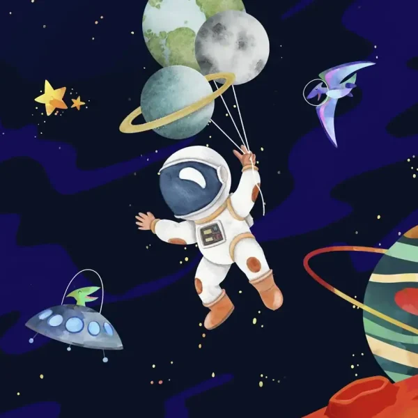 Astronauta nello spazio tra pianeti, stelle e navicelle spaziali, con un'illustrazione colorata e fantasiosa di esplorazione spaziale.