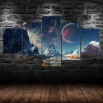 Dettagliato quadro spaziale con montagne e pianeti.