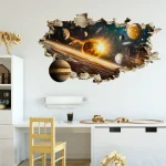 Pannello decorativo 3D con scena di spazio cosmico, pianeti e stelle, ideale per ambienti educativi o di design.