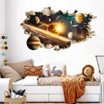 Decorazione murale 3D con pianeti e stelle, perfetta per ambienti moderni e scientifici, aggiunge un tocco cosmico e innovativo alle pareti di casa o ufficio.