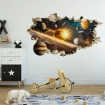 Decorazione murale 3D con scena spaziale, pianeti e stelle, ideale per ambienti educativi e bambini, crea un'atmosfera cosmica e stimolante.