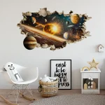 Decorazione murale 3D con pianeti e galassie, perfetta per ambienti dedicati alla scienza e all'astronomia.