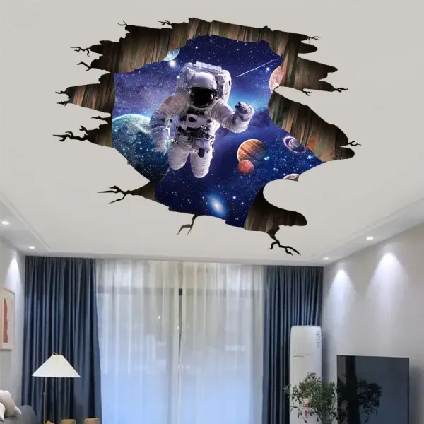 Punto 2: Adesivo decorativo 3D di un astronauta nello spazio, perfetto per pareti di camere o ambienti a tema scientifico o spaziale.
