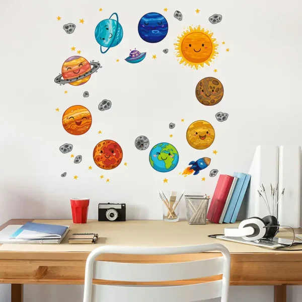 Punto 2: Decorazione murale del sistema solare con pianeti e astronavi, ideale per ambienti educativi e scientifici.