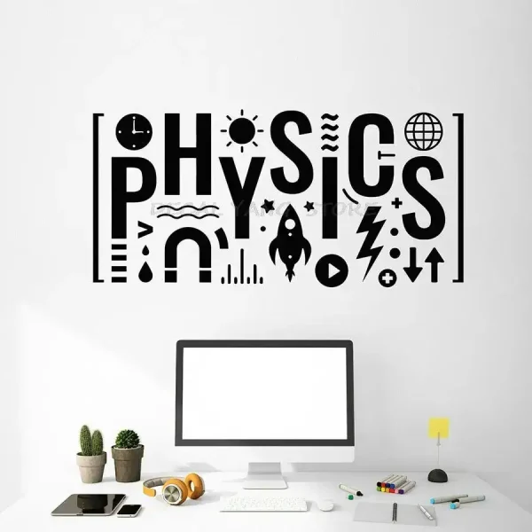 Pannello decorativo con scritta "Physics" in stile moderno, ideale per ambienti di studio o laboratorio scientifico.