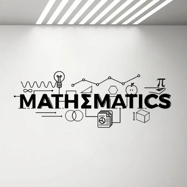Decorazione murale con simboli e formule matematiche, ideale per ambienti educativi e scientifici.