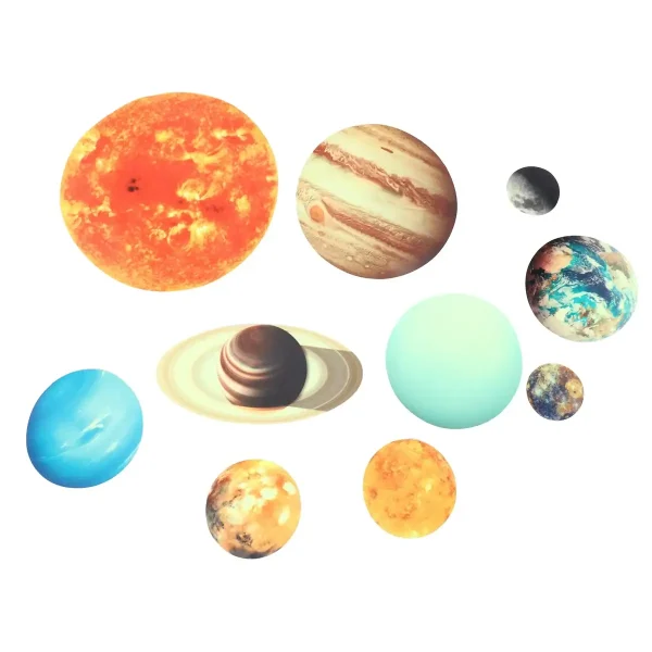 Rappresentazione artistica dei pianeti del sistema solare, inclusi Mercurio, Venere, Terra, Marte, Giove, Saturno, Urano e Nettuno, con dettagli colorati e realistici.