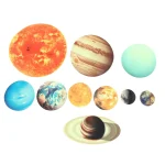 Rappresentazione artistica delle principali piante del Sistema Solare con pianeti di diverse dimensioni e colori, tra cui Giove, Saturno, Marte e altri.