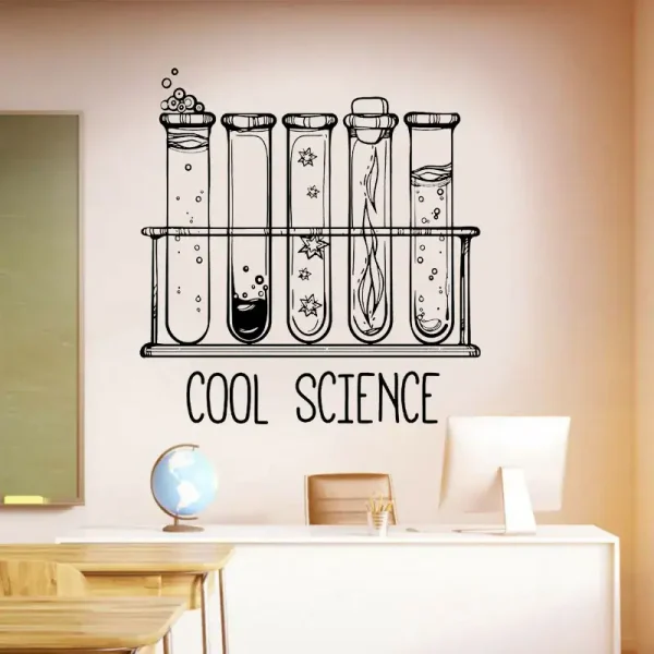 Decorazione murale con disegni di provette di laboratorio e scritta "Cool Science" in stile minimalista, ideale per ambienti educativi o scientifici.