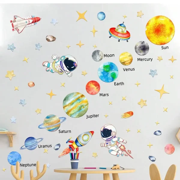 Decorazione murale con pianeti del sistema solare, astronavi e stelle colorate, ideale per ambienti educativi e scientifici.