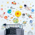 Pannello decorativo con pianeti, astronavi e astronauti in stile illustrativo, ideale per camere dei bambini o ambienti educativi.