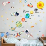 Oggetti scientifici decorativi con pianeti e astronavi per camera bambini.