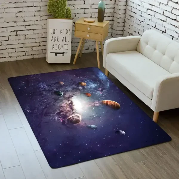 Tappeto con motivo spaziale, rappresentante pianeti e galassie, ideale per decorare ambienti moderni e creativi. Perfetto per appassionati di astronomia e decorazioni originali.