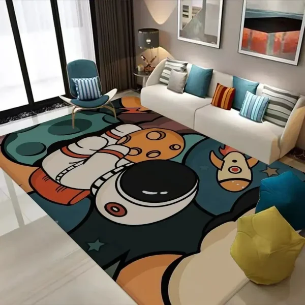 Tappeto decorativo con tema scientifico, raffigurante elementi spaziali e atomici, ideale per ambienti moderni e creativi. Perfetto per aggiungere un tocco originale alla casa o all'ufficio.