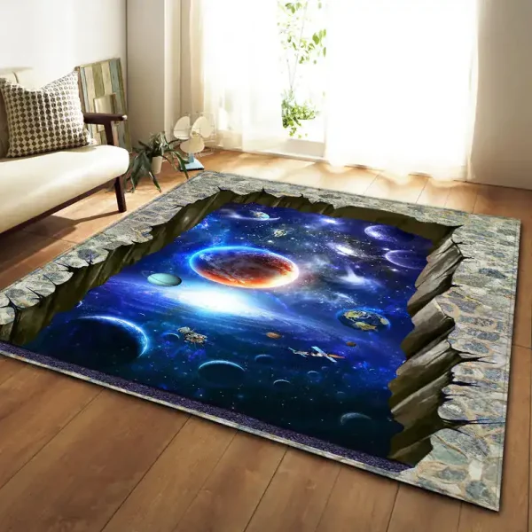 Tappeto 3D con scena spaziale, pianeti e galassie, decorazione originale per soggiorno o camera da letto.