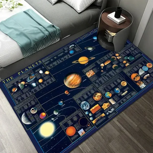 Tappeto decorativo con mappa del sistema solare e pianeti, ideale per appassionati di astronomia e decorazioni educative, perfetto per ambienti scolastici e studi.