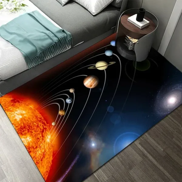 Tappeto decorativo con il sistema solare e i pianeti, ideale per ambienti educativi o scientifici, con dettagli realistici e colori vivaci.