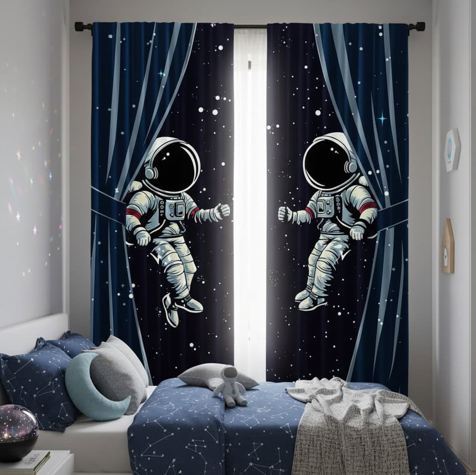 Vetrate decorative con astronauti in tuta spaziale che emergono da tende blu con stelle, creando un'ambientazione spaziale e fantastica nella stanza.