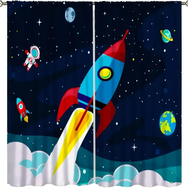 Oggetto decorativo a tema spaziale con razzo, astronauta e pianeti.