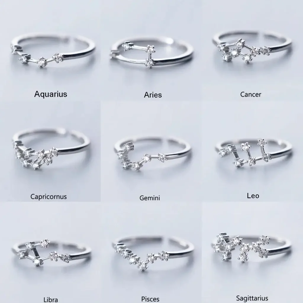 Anelli zodiacali in argento con simboli dei segni zodiacali, perfetti come decorazioni o regali personalizzati. Design elegante e dettagli raffinati rappresentano i segni astrologici.
