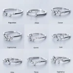 Anelli zodiacali in argento con simboli dei segni zodiacali, perfetti come decorazioni o regali personalizzati. Design elegante e dettagli raffinati rappresentano i segni astrologici.