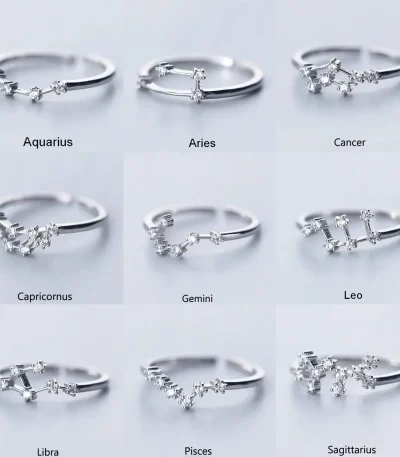Anelli zodiacali in argento con simboli dei segni zodiacali, perfetti come decorazioni o regali personalizzati. Design elegante e dettagli raffinati rappresentano i segni astrologici.