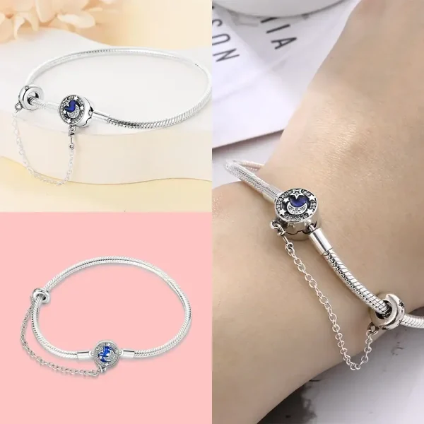 Bracciale in argento con ciondolo a forma di luna e stelle, accessorio decorativo e simbolico, perfetto per gli amanti del cielo e delle decorazioni scientifiche.