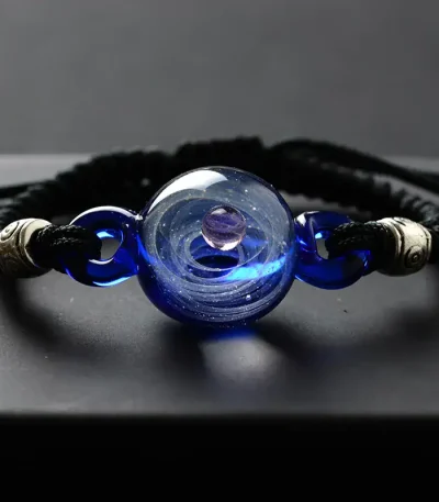 Bracciale decorativo in vetro di Murano con sfera blu centrale e dettagli metallici, perfetto come oggetto scientifico decorativo o accessorio unico.