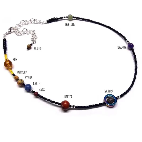 Collana decorativa con rappresentazione dei pianeti del sistema solare, inclusi Sole, Mercurio, Venere, Terra, Marte, Giove, Saturno, Urano, Nettuno e Plutone, ideale per appassionati di astronomia.
