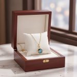 Pendente con pianeta Terra in oro e smalto blu, in scatola di legno elegante, perfetto come regalo o decorazione scientifica.