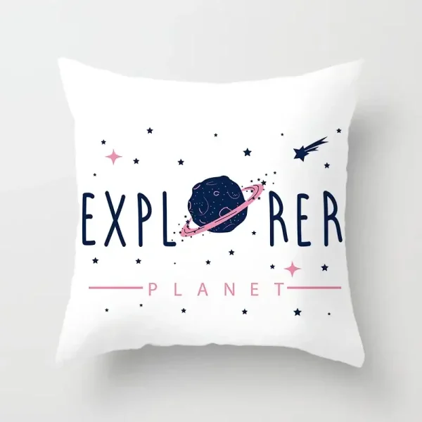 Cuscino decorativo con stampa di un pianeta, stelle e cometa, perfetto per gli appassionati di astronomia e scienza.