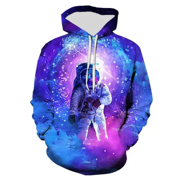Esploratore spaziale con tuta e casco in un'ambientazione galattica colorata, perfetta per decorazioni scientifiche e oggetti a tema spazio.