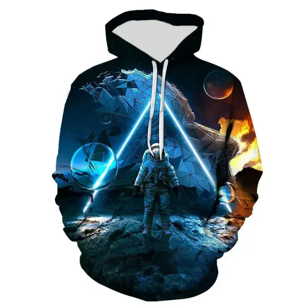 Hoodie con stampa 3D di astronauta nello spazio, pianeti, astronavi e luci blu, ideale per appassionati di scienza e spazio, design futuristico e dettagli realistici.