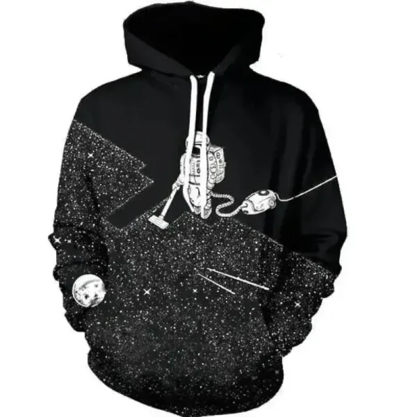 Maglione nero con stampa di galassie, stelle e telescopio, perfetto per gli appassionati di astronomia e scienza. Design originale e accattivante, ideale per un look casual e alla moda.