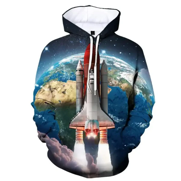 Felpa con stampa di una navicella spaziale che decolla dalla Terra, perfetta per appassionati di spazio e scienza. Design dettagliato e vivace, ideale per abbigliamento casual e decorazioni scientific.