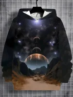 Felpa con stampa di scena spaziale, pianeti e galassie, ideale per appassionati di astronomia e decorazioni scientifiche, perfetta per un look originale e cosmico.