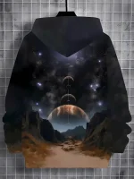 Hoodie con stampa di spazio, pianeti e galassie, ideale per appassionati di astronomia e decorazioni scientifiche, perfetta per un look originale e cosmico.