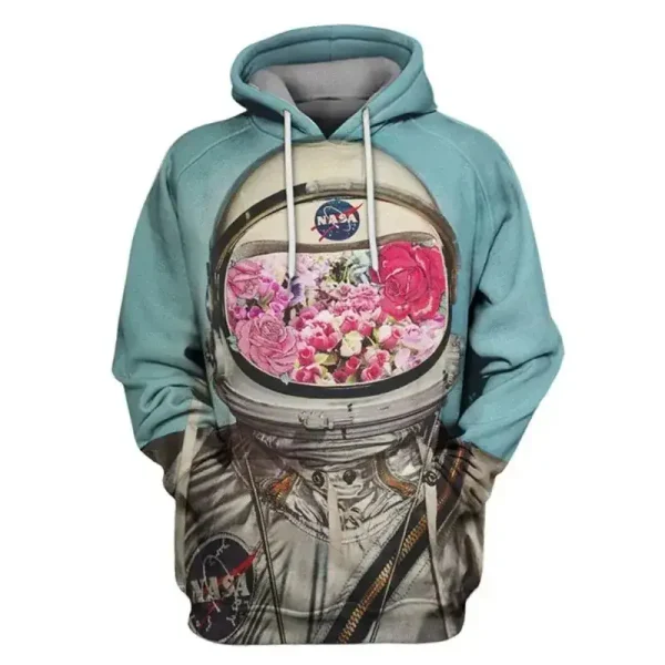 Vestito con stampa di astronauta e fiori, ideale per gli appassionati di spazio e design originale.