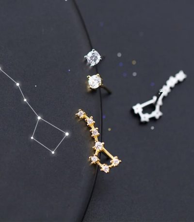 Pendente e orecchini a tema astronomico con pietre preziose, ispirati alle costellazioni e ai pianeti, perfetti come decorazioni scientifiche eleganti.