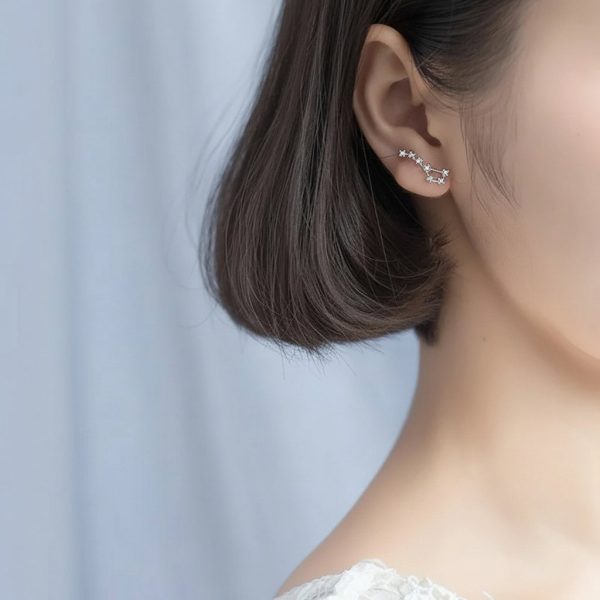 Orecchino a forma di costellazione zodiacale in argento, indossato da una donna con capelli corti, elegante e moderno, perfetto come decorazione scientifica o accessorio di moda.