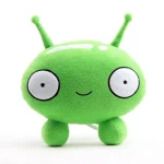 Peluche alieno verde con grandi occhi e antenne, decorazione scientifica simpatica e originale, perfetta come gadget o oggetto decorativo per appassionati di scienza.
