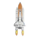 Rappresentazione di un razzo spaziale con dettagli tecnici e motori in funzione, ideale come decorazione scientifica per appassionati di spazio e tecnologia.