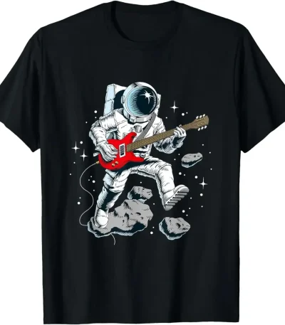 Astronauta che suona chitarra nello spazio con asteroidi e stelle sullo sfondo.