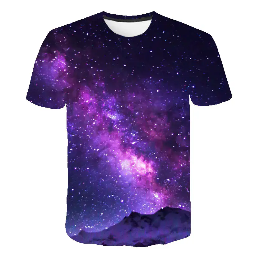 Maglietta con stampa di galassia e montagne, design spaziale e astratto, perfetta per gli appassionati di astronomia e decorazioni scientifiche.