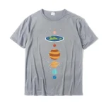 Punto 2: Maglietta grigia con stampa di pianeti del sistema solare, ideale per appassionati di astronomia e scienza. Perfetta come regalo o per l'abbigliamento casual a tema scientifico.