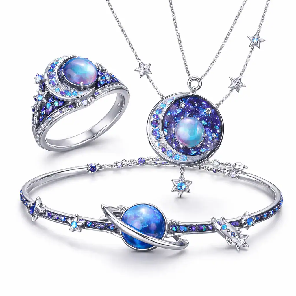 Bracciale e collana con pietre blu celesti e dettagli stellari, perfetti come decorazioni scientifiche eleganti e originali.