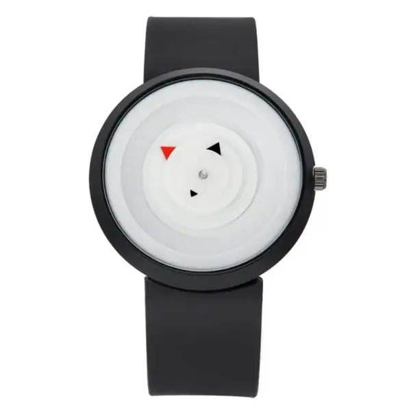 Orologio con design scientifico minimalista, quadrante bianco con indicatori rossi e neri, cinturino nero, perfetto come decorazione da scrivania o oggetto di design scientifico.